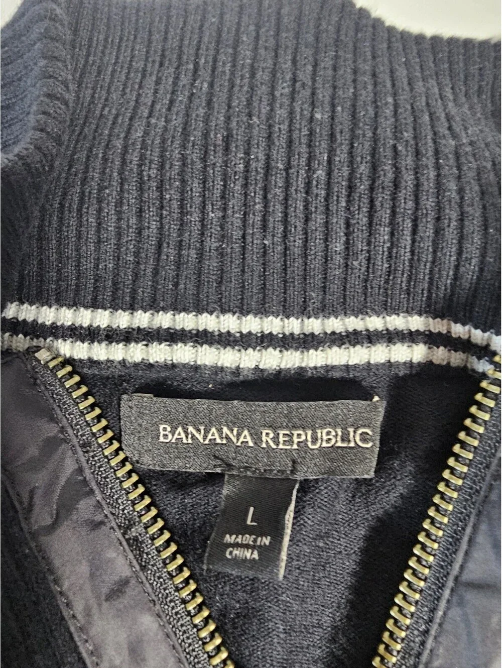 Banana Republic Men's Black Cotton Rib-Knit Full Zip Mock Neck Sweater L